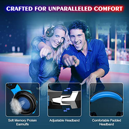 VersionTECH. G2000 Gaming Headset, Bass Surround Gaming Headphones with Noise Cancelling Mic, LED Lights, Soft Memory Earmuffs for PS5/ PS4/ Xbox One Controller/Laptop/PC/Mac/Nintendo NES Games-Blue - color: Blue
