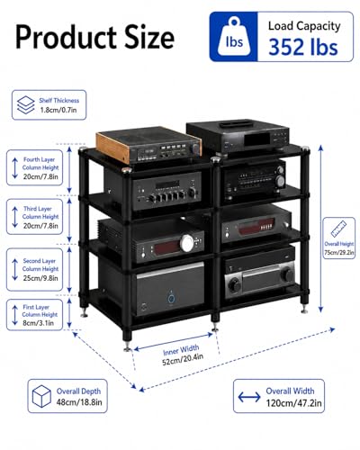 4 Tier Heavy Duty AV Media Stand, Stereo Stands and Racks, Teak | Audio Tower HIFI Rack Stereo Shelf 352 lb Load Capacity, vibration-dampening feet, open ventilation, Built for Hi-Fi systems - color: Teak, size: 4 tier