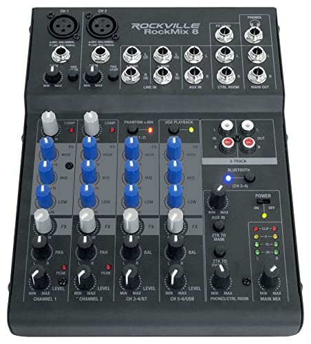 Rockville ROCKMIX 8 Channel USB Mixer with Interface, Compressor, Bluetooth | 2 XLR/1/4" Inputs, 48V Phantom Power, 3-Band EQ, FX Send, RCA Aux