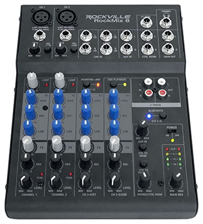 Rockville ROCKMIX 8 Channel USB Mixer with Interface, Compressor, Bluetooth | 2 XLR/1/4" Inputs, 48V Phantom Power, 3-Band EQ, FX Send, RCA Aux