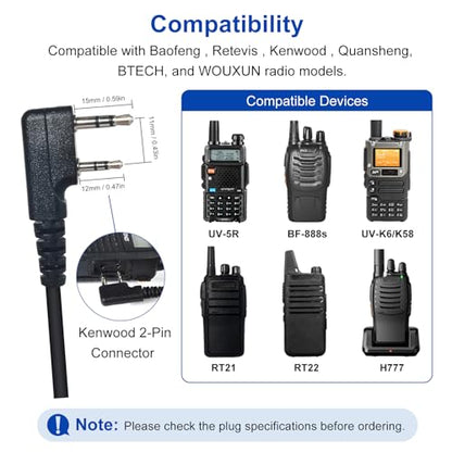 Walkie Talkie Earpiece with PTT Mic 2-Pin G-Shape Security Headset | for Baofeng UV-5R BF-888S Retevis RT22 RT21 RT68 Kenwood Handheld Two Way Radios