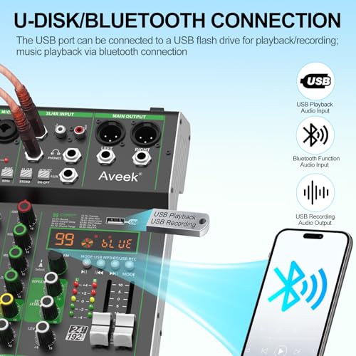 Aveek Audio Mixer, 4 Channel Mixer with Bluetooth and USB Recording | DJ Mixing Console with 99 DSP Effects, 48V Phantom Power, PC Recording Mixer for Karaoke, Studio, Podcast and Live Streaming