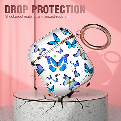 Maxjoy for AirPods Case, Cute AirPod Case Protective Hard AirPod 2 Gen Cover for Women Men with Keychain for AirPods 2nd 1st Generation Charging Cover 2&1, Blue Butterfly - color: Blue + White