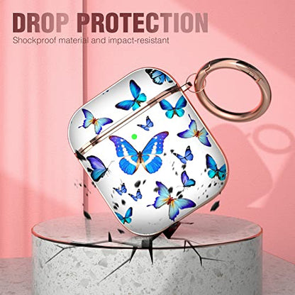 Maxjoy for AirPods Case, Cute AirPod Case Protective Hard AirPod 2 Gen Cover for Women Men with Keychain for AirPods 2nd 1st Generation Charging Cover 2&1, Blue Butterfly - color: Blue + White