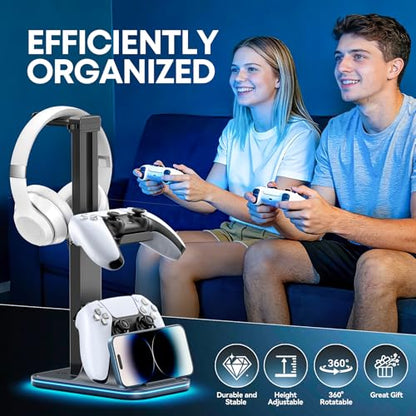 Gaming Headset & Controller Stand, Rotating Headphone Storage with 2 Controllers & Phone Holder, 9 RGB Modes Game Desk Storage for PS5/PS4/XBOX PC Gamer Essentials Organizer Gift Accessories - size: M-Black-RGB
