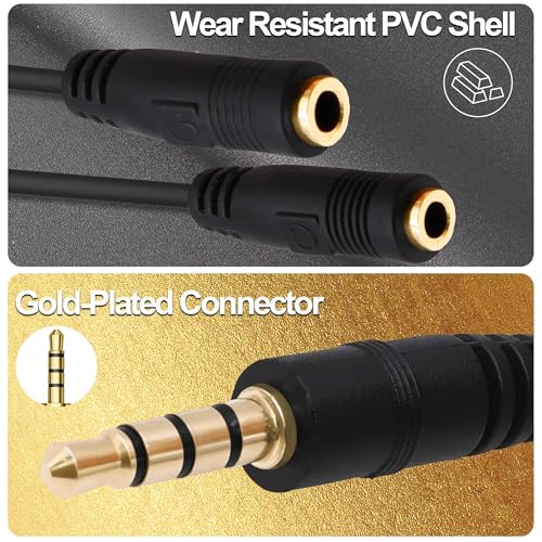 3.5mm TRRS Headphone Splitter Y Cable Adapter 20cm | 1/8 inch 3.5mm 1 Male to 2 Female,Stereo Mic Audio Extension Cable, for Phones Tablets Game Console,2pcs