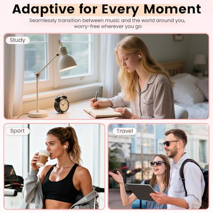 Clip On Ear Headphones with a Makeup Mirror, Open Ear Earbuds Wireless Bluetooth Earbuds,Ultra-Long Battery Life, for Android/iOS Phones (Rose Gold) - color: Rose gold