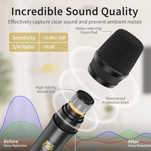 Wireless Microphone, UHF Handheld Cordless Dynamic Mic, 200ft Auto Connect | 2 Dual Metal Mic System Set with Rechargeable Receiver, for Karaoke Singing Speech Party Wedding Church Home KTV