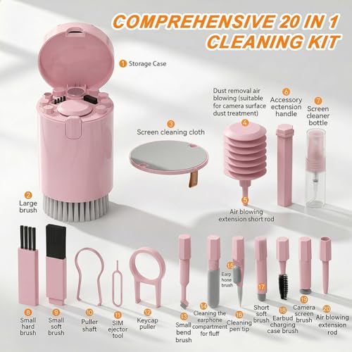 20 in 1 Multifunctional Cleaner Kit for Electronic Devices, Keyboard Cleaning Brush, Headphones Cleaner Kit for AirPods, Multi-Tool for Cleaning Laptop, Earbuds, Camera, Cellphones,Pink - color: pink