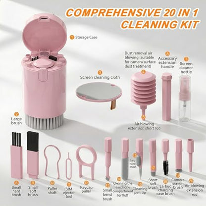 20 in 1 Multifunctional Cleaner Kit for Electronic Devices, Keyboard Cleaning Brush, Headphones Cleaner Kit for AirPods, Multi-Tool for Cleaning Laptop, Earbuds, Camera, Cellphones,Pink - color: pink