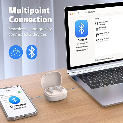 EarFun Air Pro 3 Noise Cancelling Wireless Earbuds, Qualcomm® aptX™ Adaptive Sound, 6 Mics CVC 8.0 ENC, Bluetooth 5.3 Earbuds, Multipoint Connection, 45H Playtime, App Customize EQ, Oat White | 6 Mics CVC 8.0 ENC, Bluetooth 5.3 Earbuds, Multipoint Connect