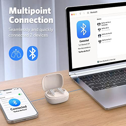 EarFun Air Pro 3 Noise Cancelling Wireless Earbuds, Qualcomm® aptX™ Adaptive Sound, 6 Mics CVC 8.0 ENC, Bluetooth 5.3 Earbuds, Multipoint Connection, 45H Playtime, App Customize EQ, Oat White | 6 Mics CVC 8.0 ENC, Bluetooth 5.3 Earbuds, Multipoint Connect