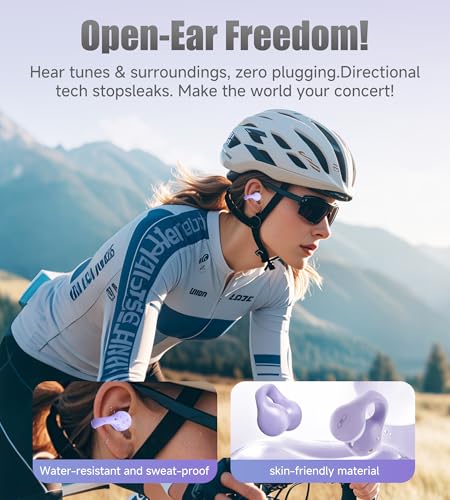 King Lucky i21 Open Ear Clip On Earbuds Wireless Bluetooth Ear Clip Headphones with Mic,Noise Cancelling, Waterproof IPX4,for Small Ears,Perfect for Running,Sports,Glasses Wearers (Purple) - color: Purple