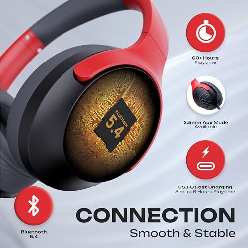 PowerLocus Bluetooth Headphones Over Ear, 60H Playtime, 4 EQ Modes Wireless Headphones with Microphone, Hi-Fi Stereo Deep Bass Foldable Headphone, Soft Foam Ear Cups,Fast Charging for Travel/PC/Phones - color: Grey/Red
