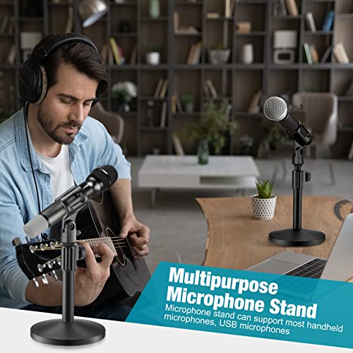 4 Pcs Desktop Mic Stand Adjustable tabletop Mic Stand microphone desk stands with 5/8" Male to 3/8" Female Screw Metal Round Base for Table Desk Interviews, Black