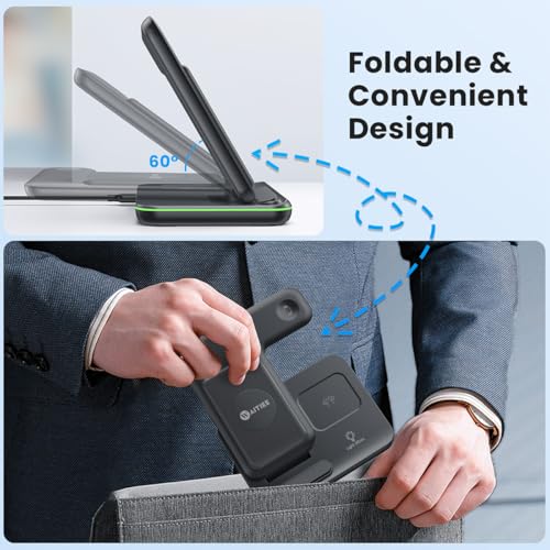 WAITIEE Foldable Wireless Charger for iPhone 17 16 15 14 13 12 11 X 8, 3 in 1 Charging Station for Apple Watch & for AirPods (Black) - color: Black
