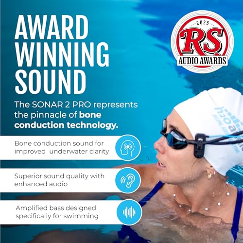 H2O Audio Sonar 2 PRO Waterproof Bone Conduction Headphones for Swimming – Open-Ear Underwater IPX8 Waterproof Headphones - MP3 Player with Playlist+ App for Bluetooth Streaming - 10 Hour Battery Life