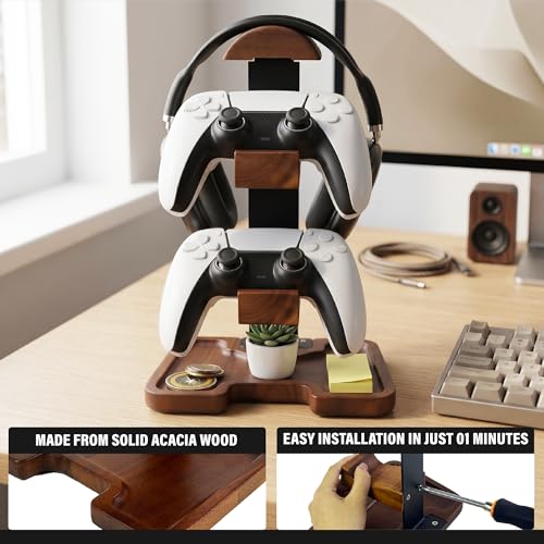 Gaming Equipment Headset Stand with Dual Controller Organizer Rack & Storage Base, Headphone Stand Gamer Gifts for Men Teenage Boy, Unique Gifts for Gamers to Organize Gaming Accessories (Brown Wood)