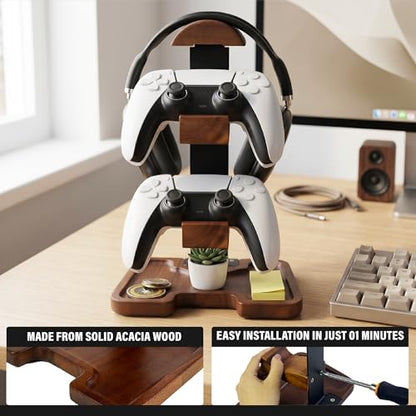 Gaming Equipment Headset Stand with Dual Controller Organizer Rack & Storage Base, Headphone Stand Gamer Gifts for Men Teenage Boy, Unique Gifts for Gamers to Organize Gaming Accessories (Brown Wood)