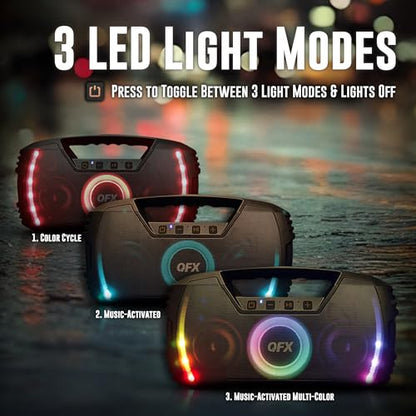 Powerful & Portable Waterproof All Terrain Bluetooth Speaker with Deep Bass, LED Party Lights, Fast USB-C Charging, FM Radio, AUX – QFX BT-ZX35 | Powerful 2.7" Full-Range Drivers, Deep Bass, Fast USB-C Charging, FM Radio, LED Party Lights, AUX/USB/TF Card