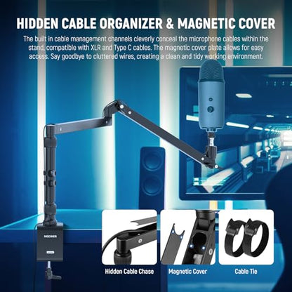 NEEWER Low Profile Mic Arm Desk Stand Mount with Damping, 360° Swivel Articulating Boom Arms with Heighten Pole & Cable Management Channels for Microphone Podcast Gaming Streaming Zoom Calls, MST002 - style: MST002