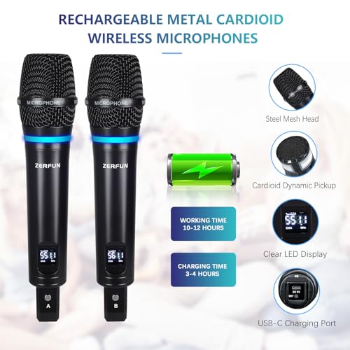 2 Channel Rechargeable Wireless Microphone System, Pro UHF Metal Handheld Wireless Microphones Cordless Mics with Echo Bluetooth VOL Channel Control for Karaoke Singing Church(MU-898)