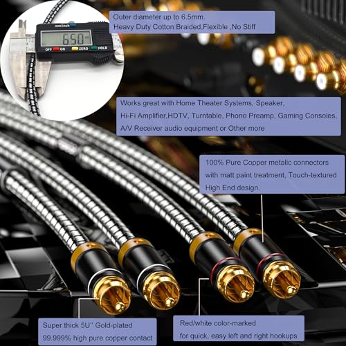 Audiophile RCA Cable 2.5FT(0.75M), 2 RCA Male to 2 RCA Male Braided HiFi System Silvered-Plated Copper core with Ferrite cores - size: 2.5 Feet