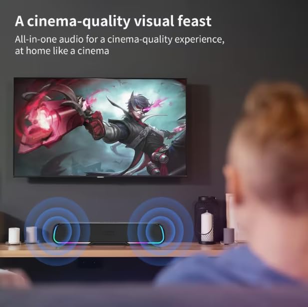 Bluetooth Computer Soundbar Speakers, Rechargeable Gaming Sound Bar with RGB, Support FM Radio/TF Card/AUX/USB Playback, Speakers for Desktop, Laptop, TV, Phone, HD Stereo Loud Sound, Punchy Bass