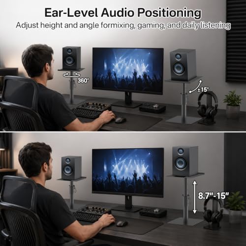 Studio Monitor Stands Pair, Height Adjustable Desktop Speaker Stands for Yamaha, PreSonus, JBL & KRK Monitors, Heavy Duty Steel Construction with Locking System, Anti-Wobble Design & Cable Management