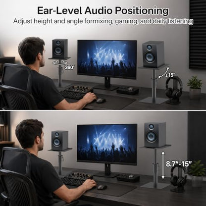 Studio Monitor Stands Pair, Height Adjustable Desktop Speaker Stands for Yamaha, PreSonus, JBL & KRK Monitors, Heavy Duty Steel Construction with Locking System, Anti-Wobble Design & Cable Management