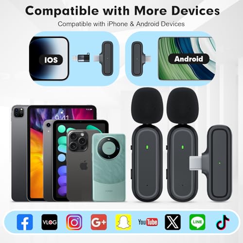 2-Pack Wireless Lavalier Microphone for iPhone Android - Plug and Play Noise Reduction Clip-on Mic with Charging Case, for Vlogging YouTube Live Streaming Zoom Meetings Video Recording Youtuber