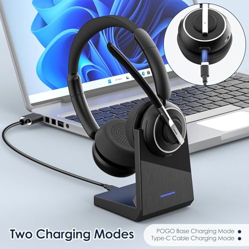 PrancyBt Wireless Headset with Noise Cancelling Microphone, Bluetooth Headset with Mic for Work, Wireless Headphones with Mute & USB Dongle for Work from Home/PC/Computer/Call Center