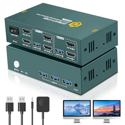 Greathek 4K@60HZ HDMI KVM Switch 2 Monitors 2 Computers Dual Monitor - color: Matte black