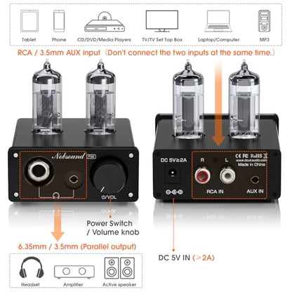 Nobsound P32 Tube Headphone Amplifier: 1000mW HiFi Desktop Preamp for 24–600Ω Headphones & Home Amps Speakers, 3.5mm/6.35mm Jacks, Swappable Tube & Op-Amp