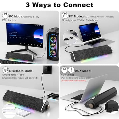 SOULION USB-Powered Wired Bluetooth Computer Speakers for PC Desktop | USB Plug & Play, 5 Dynamic RGB LED Lights Modes, for Desktop, Laptop, Office, Work, Music & Gaming - color: Black