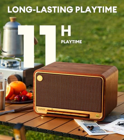 Edifier D32 Retro Wooden Tabletop Wireless Speaker AirPlay2, Brown | 60W RMS, Dual Hi-Res, Bluetooth5.3, Hi-Res Audio, ALAC, LDAC, 11H Battery, DSP Crossover, MDF Retro Cabinet, USB-C, AUX Input - color: Brown