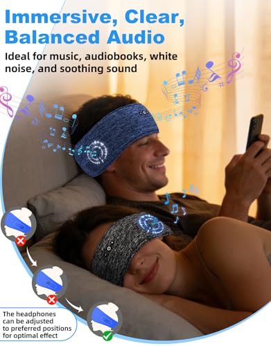 Adjustable Bluetooth Sleeping Headphones Headband for Men Women 2PCS | Hook-and-Loop, Thin Speakers, 14H Playtime, Earphones for Side Sleepers Running Workouts Sports Yoga Meditation - Blue&Gray