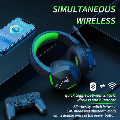 BINNUNE 2.4GHz Wireless Gaming Headset, Bluetooth 5.3 Gaming Headphones with Noise Canceling Mic, 120H Ultra-Long Battery, 50mm Drivers, Multi-Platform for PC / PS5 /PS4/ Switch/Mobile, Green - color: Green