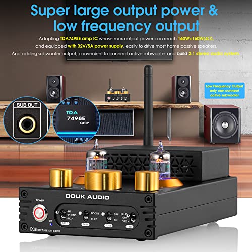 Douk Audio Tube Phono Amp: Bluetooth Receiver | 2-Channel Amplifier for MM Turntables | 160W×2 TDA7498E | Tone Control | for Desktop Vinyl HiFi Home Audio System (X1)