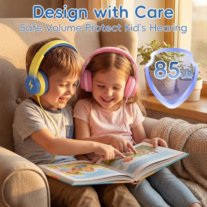 Candy Bila 2 Pack USB C Kids Headphones for School,Wired Over-Ear | 85dB Safe Volume,Stereo Sound,Adjustable headband, Foldable Design,Compatible USB-C iPads,Tablets,Gradient Pink+Light Yellow - color: Light Pink+Yellow