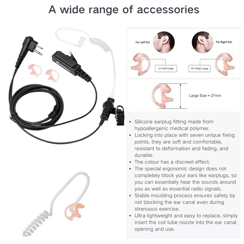 Earpiece for Motorola Walkie Talkie and Radio with PTT/Mic, Compatible for CP200D CP100D R2 CP200 CP185 BPR40 CLS1410 CLS1110 RMU2040 RMU2080D, 2 Pin Acoustic Tube Surveillance Headset (2-Pack)