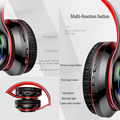 Wireless Bluetooth Headphones with Colorful LED Lights, Black Red | HiFi Stereo Sound,Light Weight,Foldable,Colorful Backlit,Rechageable,Over Ear Headset for PC/Travel/Class/Office/Kids/Adult - color: Black