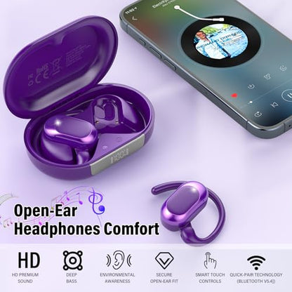 Open Ear Headphones, NEW Over Ear Earbuds with 4 ENC Noise-Canceling Mic | Ultra-Comfort Bone Conduction Earbuds, BT5.4, HD Stereo, IPX7 Waterproof, Ergonomic Earhooks,36H Sports Ear Buds for Running - color: deep purple