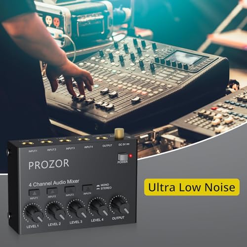 PROZOR Mini Audio Mixer 4 Channel Line Mixer - USB-C Powered Sub Mixer | with Volume Control & Stereo Mono Switch, Compact Low Noise Audio Mixer for Guitar, Bass, Keyboard, Recording, Streaming