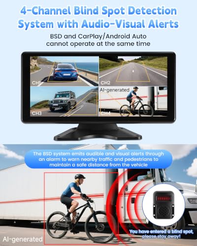 RV Camera System with CarPlay Android Auto 10.36 Inch Touch Monitor | 4 1080P wired IP69 backup cameras, BSD blind spot alert, 24H parking monitor, DVR recording, for semi truck trailer RV camper