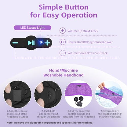 Sleep Headphones Bluetooth 6.0 Wireless Headband for Side Sleepers (Purple) | 200mah cell for 20hr playback, 3mm ultra-thin speaker & mic, HD stereo, removable & washable, 2-in-1 sport & sleep headband - color: Purple