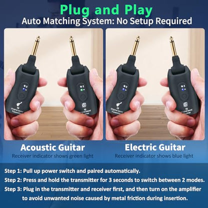 A9 Wireless Guitar System 2.4GHz Wireless Guitar Transmitter and Receiver | Rechargeable,4 Channels, 100FT/30m Range,270° Rotatable Plug,for Electric Guitar Bass (Black(1TX+1RX)) - color: Black