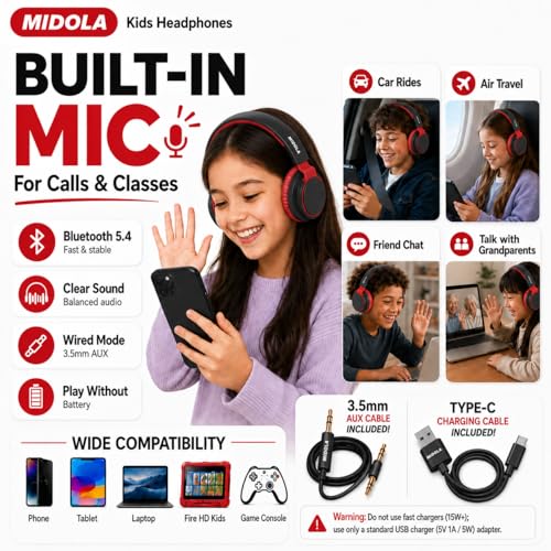Kids Bluetooth Headphones Wireless 68 Hours,Safe Volume Limit 85/94dB | Adjustable Headband Foldable Over-Ear Lightweight Headsets for Toddler Girls Boys Tablet/iPad,HD Stereo,Built-in Mic Black - color: Black