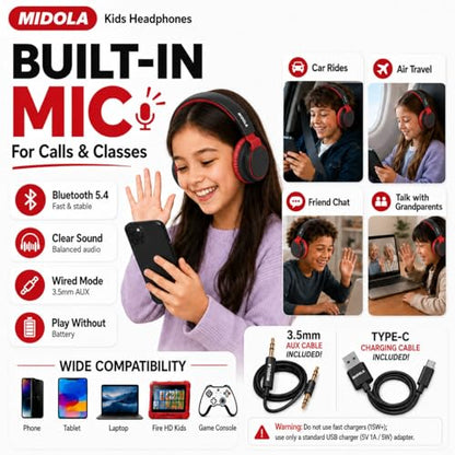 Kids Bluetooth Headphones Wireless 68 Hours,Safe Volume Limit 85/94dB | Adjustable Headband Foldable Over-Ear Lightweight Headsets for Toddler Girls Boys Tablet/iPad,HD Stereo,Built-in Mic Black - color: Black