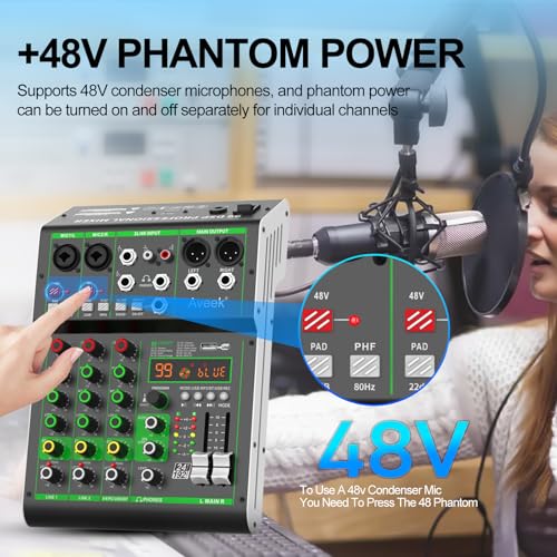Aveek Audio Mixer, 4 Channel Mixer with Bluetooth and USB Recording | DJ Mixing Console with 99 DSP Effects, 48V Phantom Power, PC Recording Mixer for Karaoke, Studio, Podcast and Live Streaming